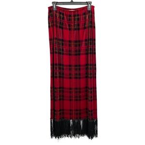Ronni Nicole by Ouida Red Plaid Velvet Maxi Skirt Black Fringe Beaded XL
